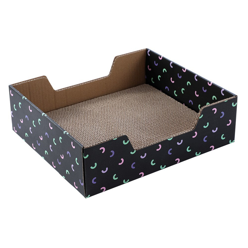 Cardboard cat scratcher with colorful crescent moon pattern on a white background at Pet Servo