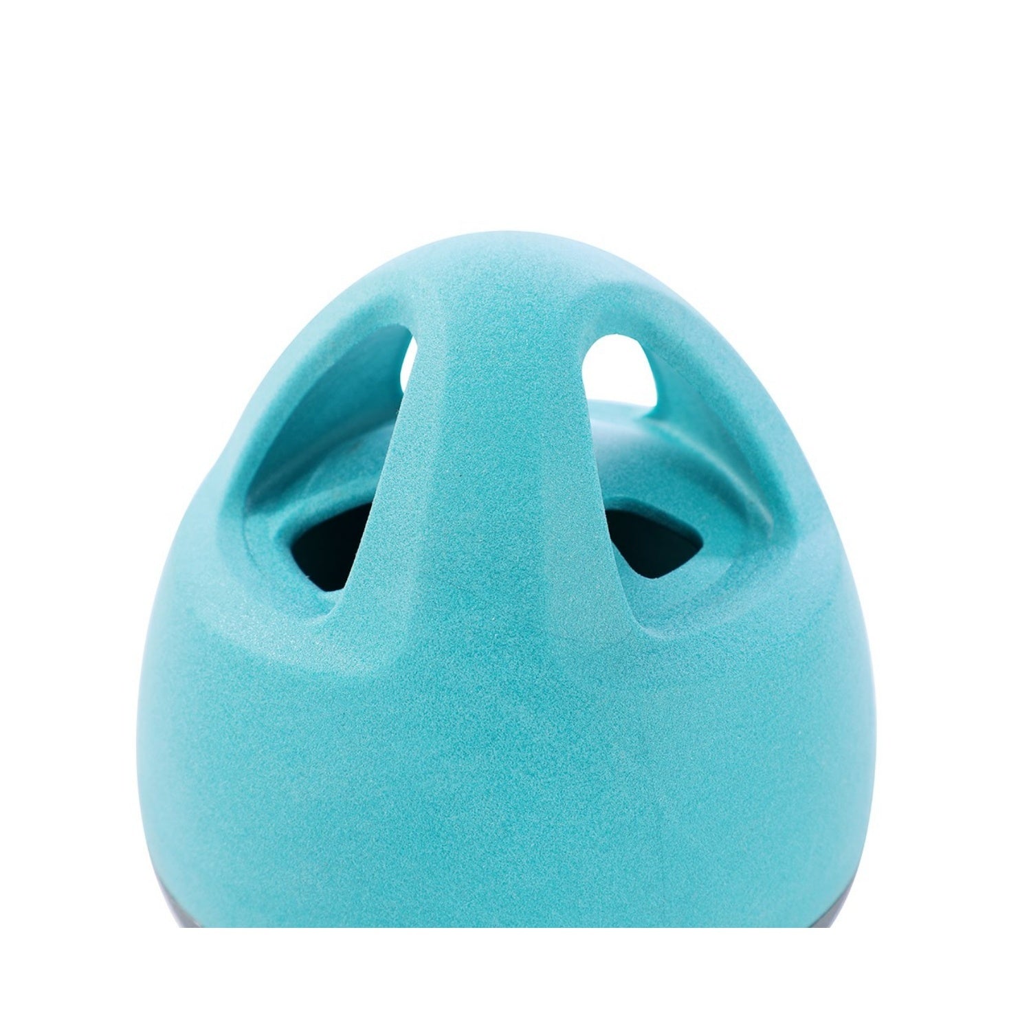 Turquoise ceramic vase with two circular holes on a white background at Pet Servo