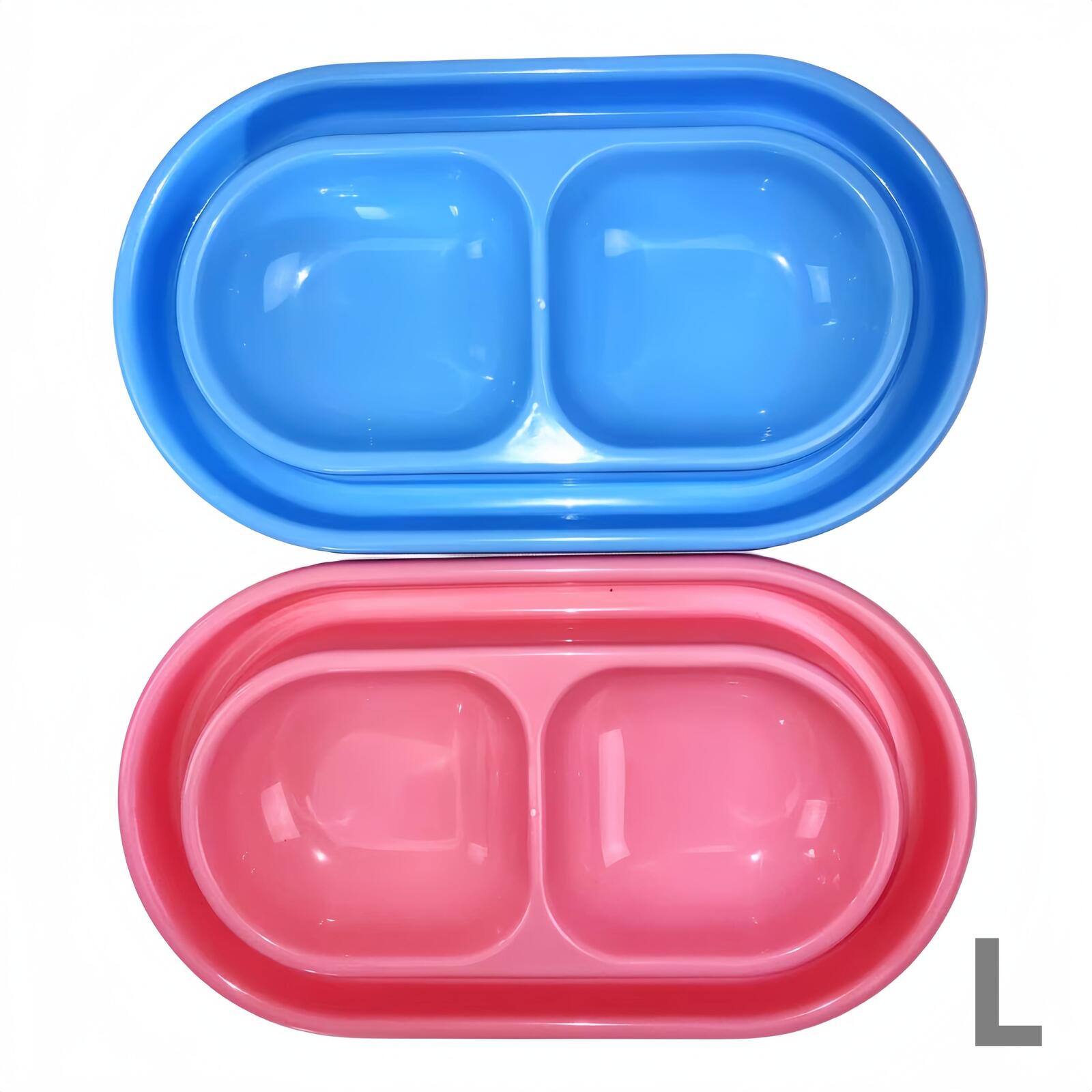 Two divided food containers, one blue and one pink, on a white background at Pet Servo