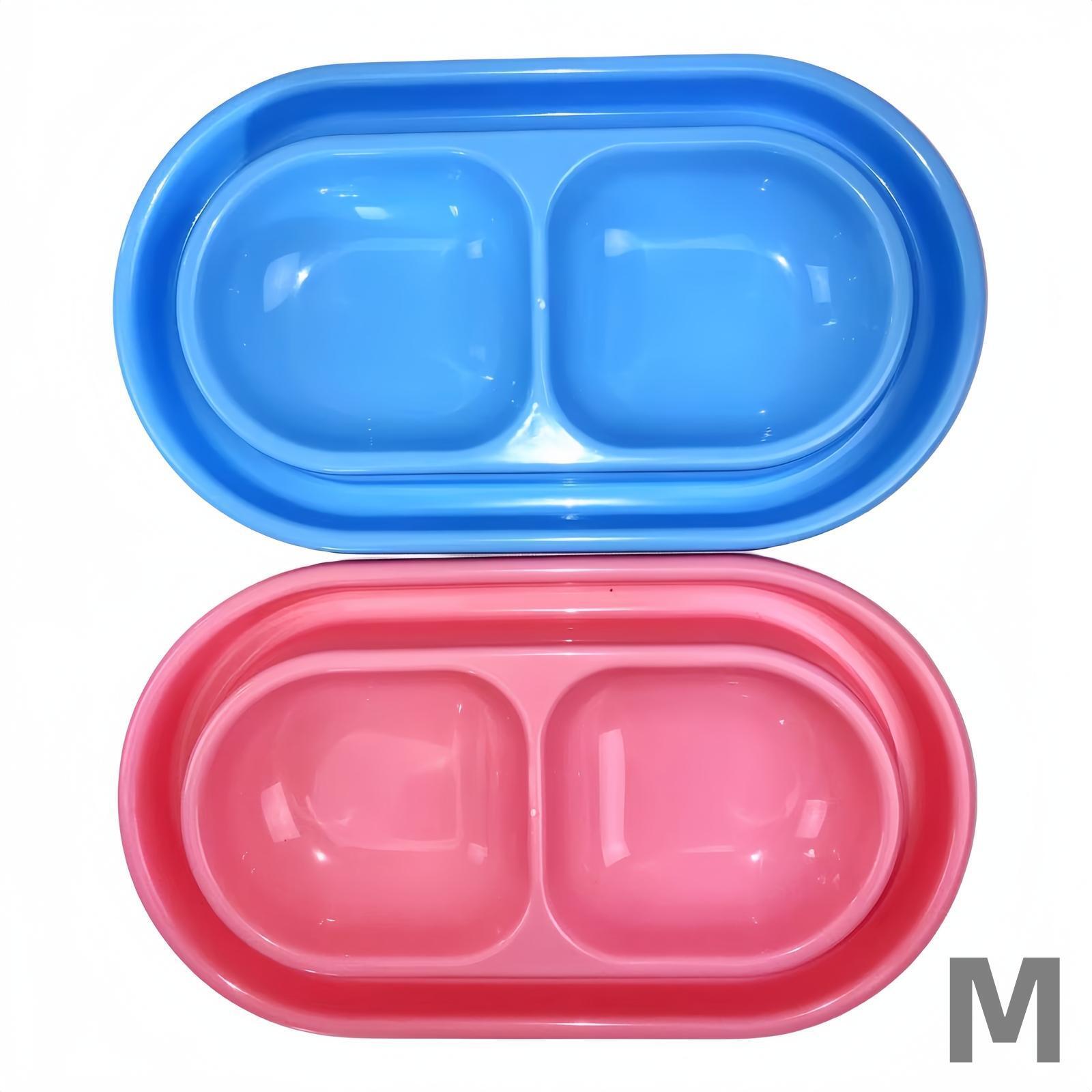 Two divided food containers, one blue and one pink, on a white background at Pet Servo