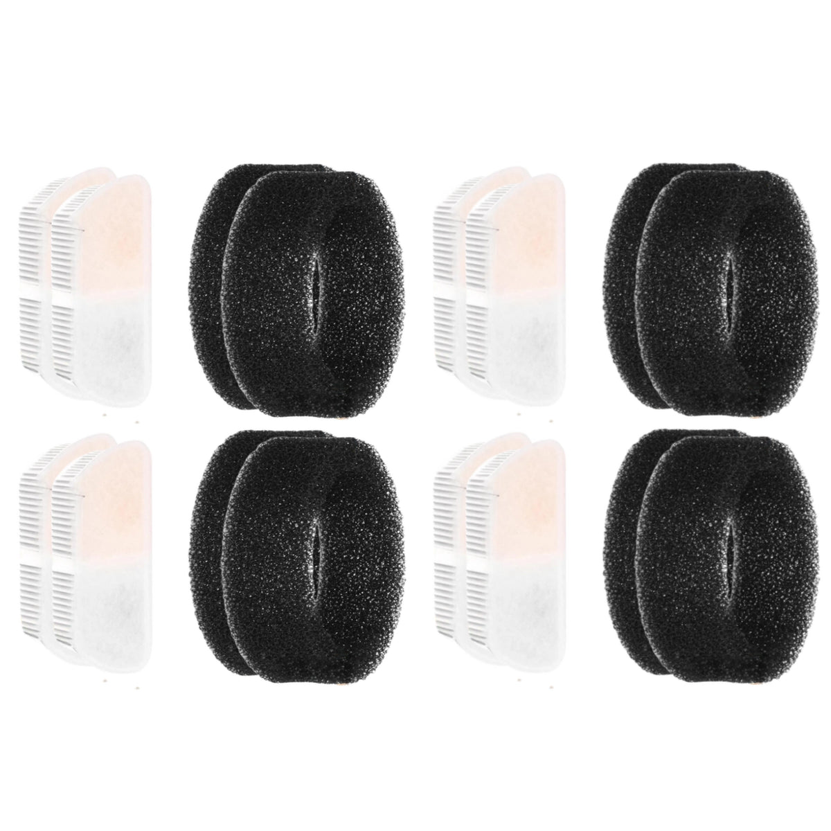 Six replacement filter cartridges arranged in a 2x3 grid on a plain white background, including four black foam sponge elements and two translucent white pleated elements at Pet Servo