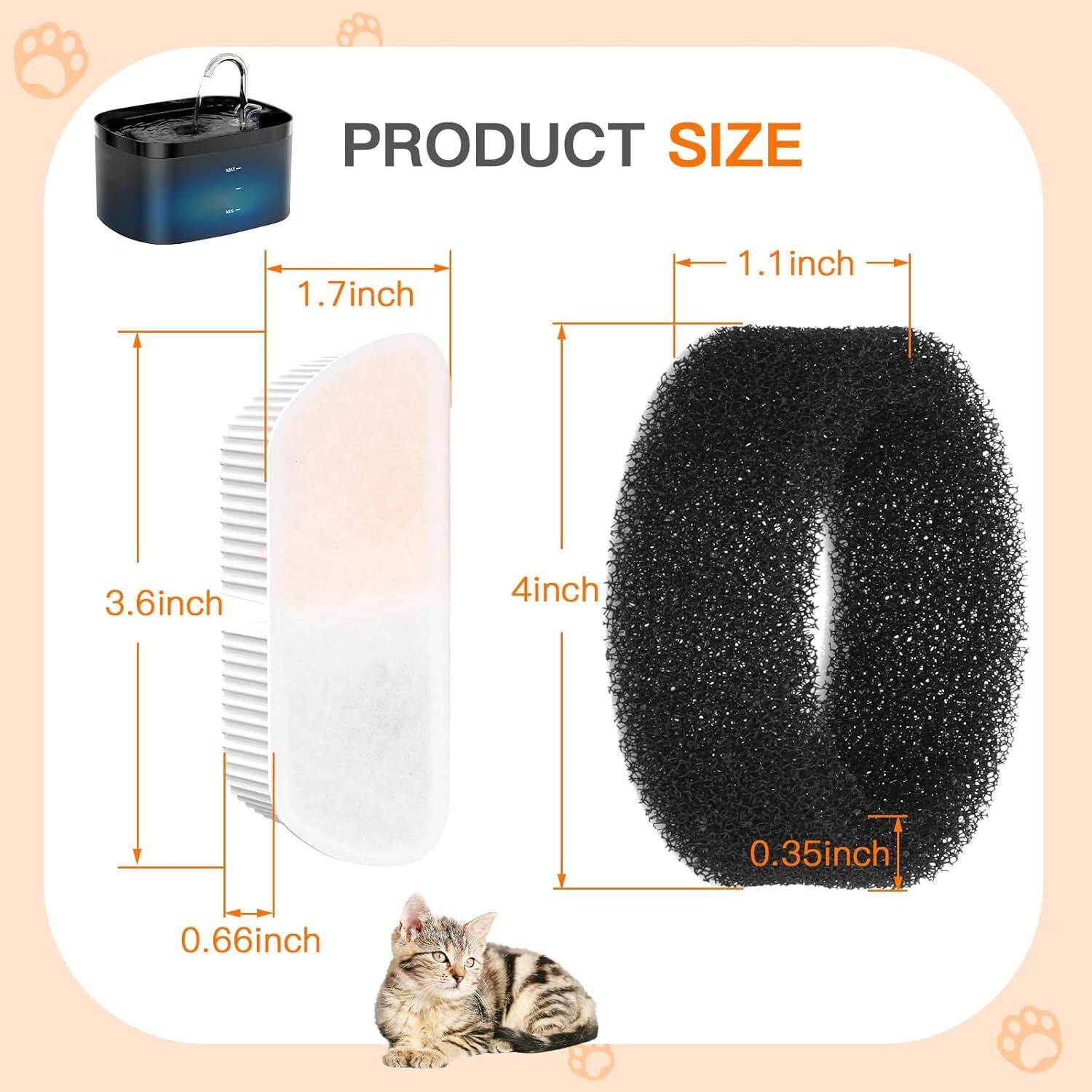 Measurement chart of a pet grooming brush and black grooming sponge with a cat illustration on a peach background at Pet Servo