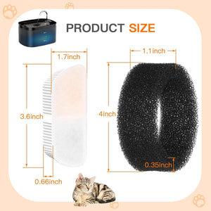 Measurement chart of a pet grooming brush and black grooming sponge with a cat illustration on a peach background at Pet Servo