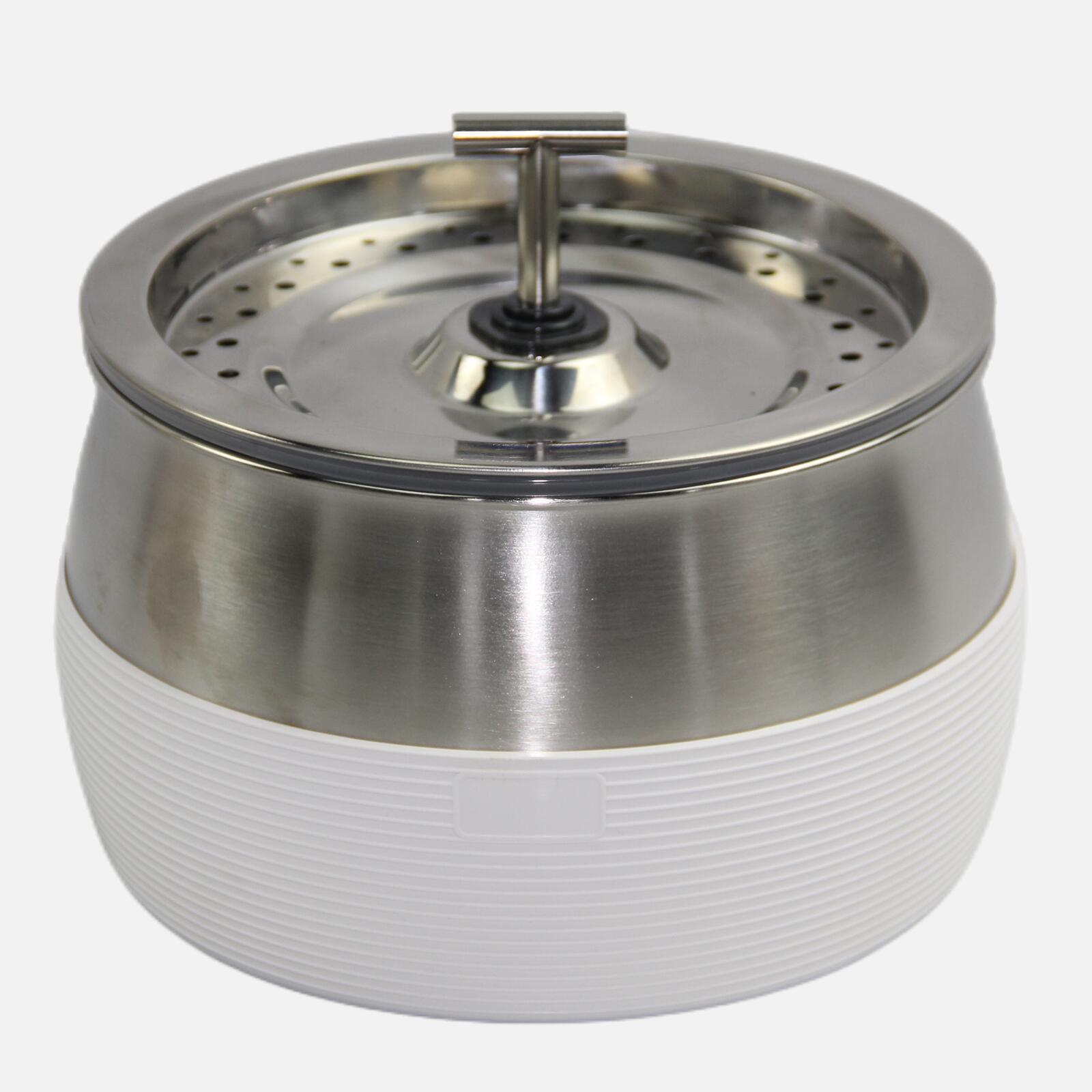 Stainless steel and white ceramic container with a lid on a white background at Pet Servo