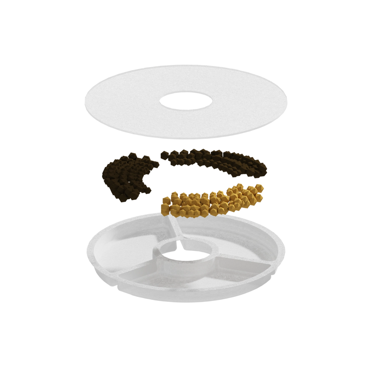 A 3D exploded view diagram of a circular compartmentalized container or tray, showing a white outer ring, a white segmented base, and two rows of small beads or pellets in dark brown and tan, isolated on a solid white background at Pet Servo