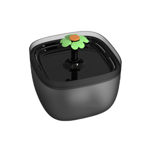 Black pet water bowl with a flower-shaped water spout on a white background at Pet Servo
