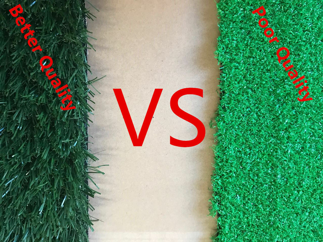 Two samples of artificial grass labeled 'Better Quality' and 'Poor Quality' on a white background at Pet Servo