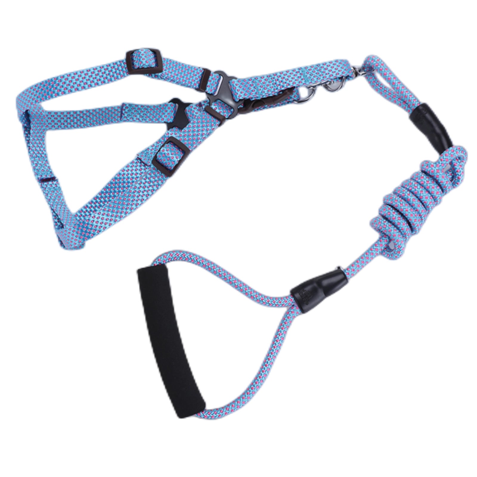 Blue patterned dog harness with a leash on a white background at Pet Servo