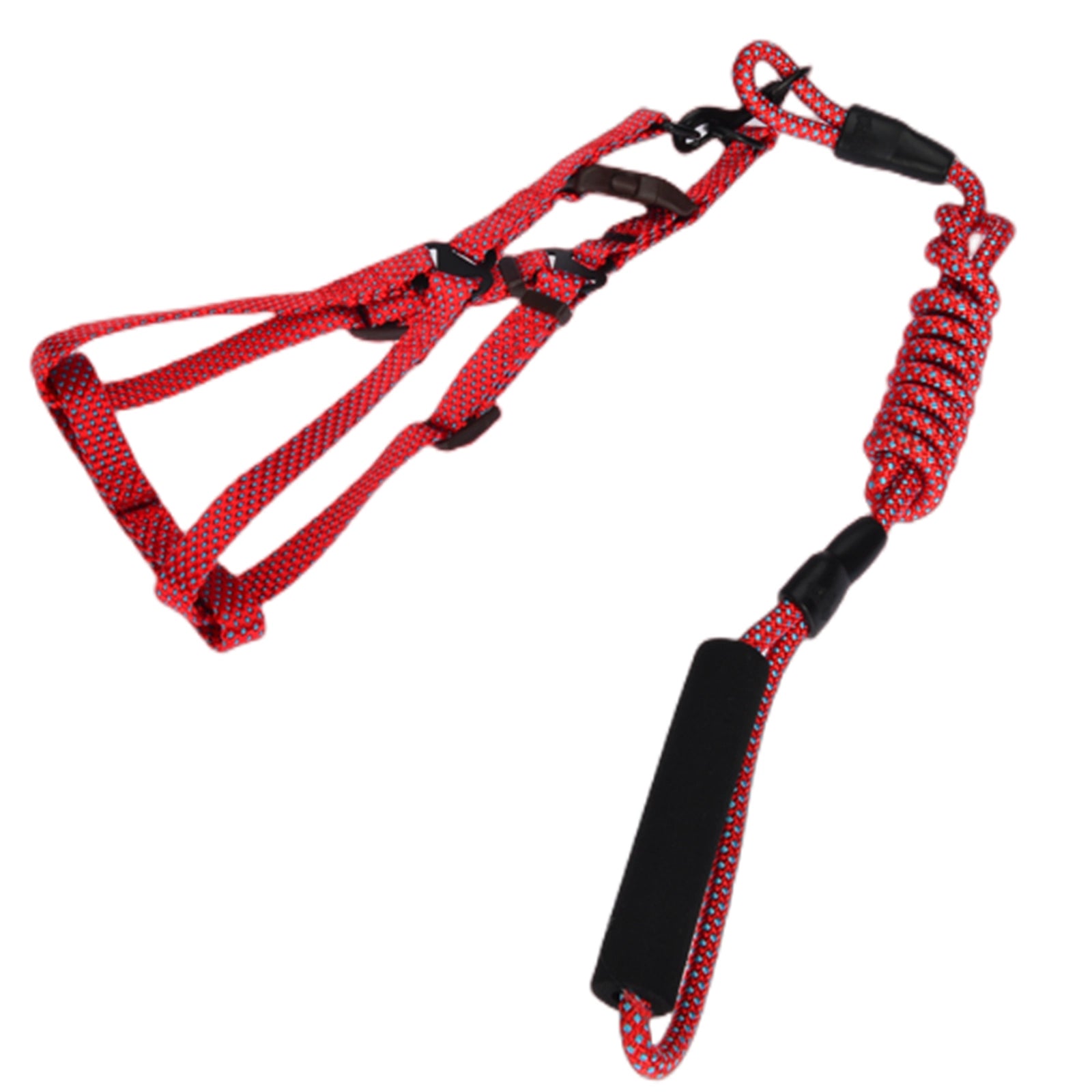 Red dog leash with black plastic handles on a white background at Pet Servo