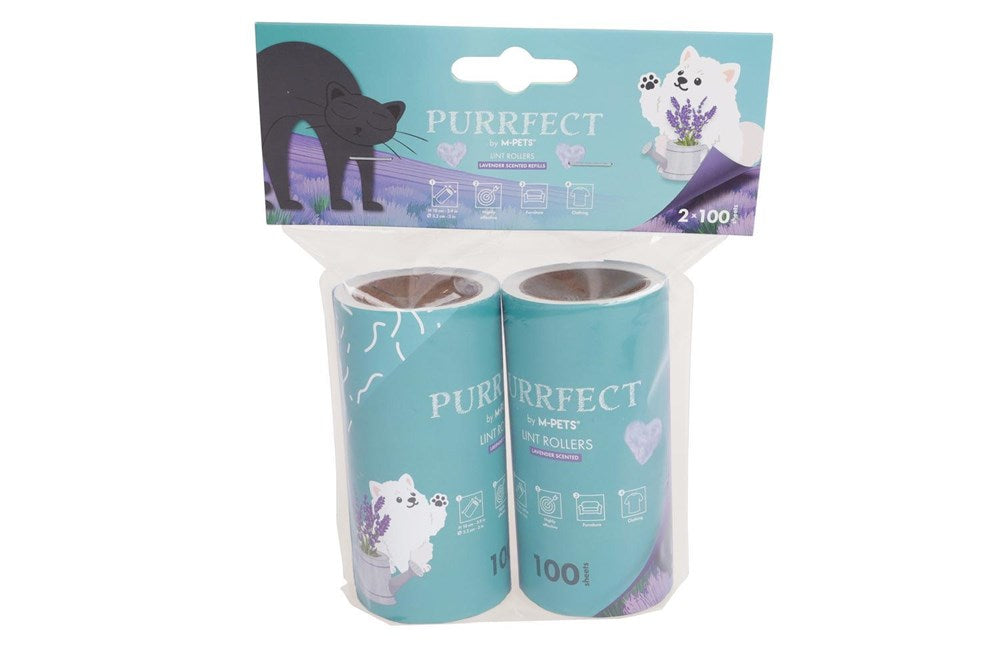 Purrfect for Pets paper roll cleaner set in retail packaging, featuring two light blue rolls with cat illustrations and lavender designs at Pet Servo