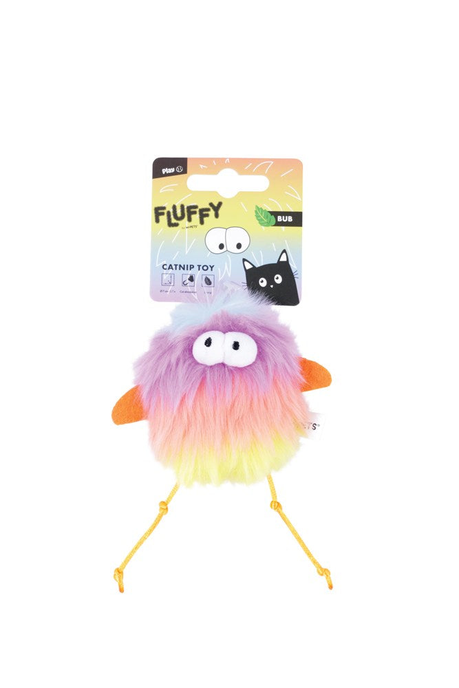 Fluffy cat toy with colorful fur and a black cat illustration on packaging at Pet Servo