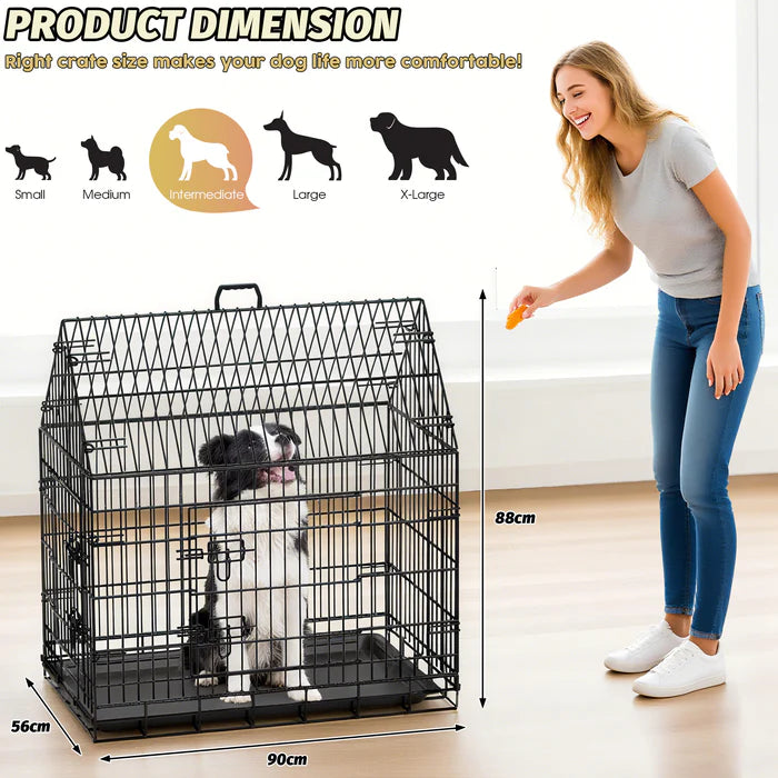 Dog crate with dimensions and a woman interacting with a dog inside, on a light background.