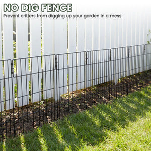 Black garden fence with text 'No Dig Fence' on a white picket fence background at Pet Servo