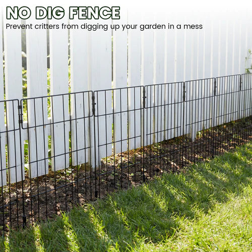 Black garden fence with text 'No Dig Fence' on a white picket fence background at Pet Servo