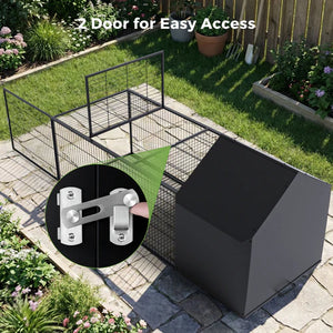 Black outdoor storage box with a gate on a patio, surrounded by garden plants at Pet Servo