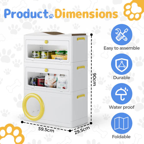 White storage cabinet with yellow accents and product dimensions on a white background at Pet Servo