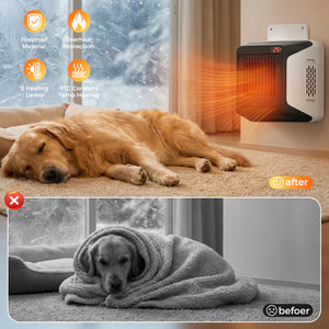 Dog resting on a carpet with a wall-mounted heater and before-and-after comparison showing a dog wrapped in a blanket at Pet Servo