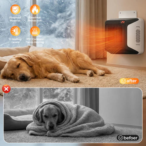 Dog resting on a carpet with a wall-mounted heater and before-and-after comparison showing a dog wrapped in a blanket at Pet Servo
