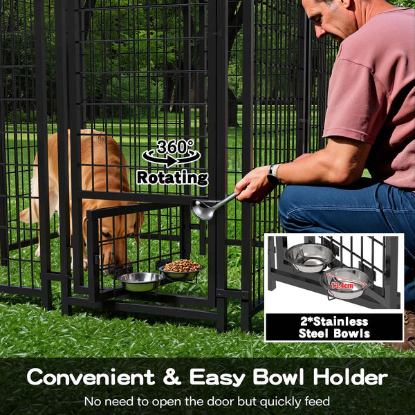 Person feeding a dog from a 360-degree rotating stainless steel bowl holder outdoors.