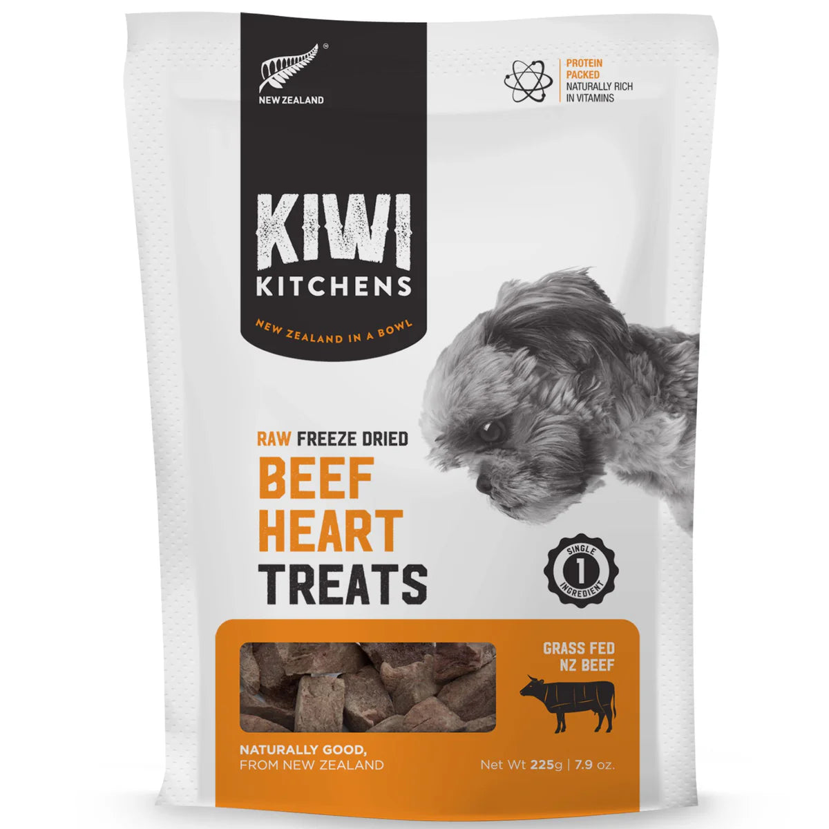 Package of Kiwi Kitchens raw freeze-dried beef heart treats for dogs on a white background at Pet Servo.