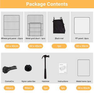 Package contents list with grid panels, door, mat, and tools on a gray background