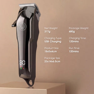 A black cordless hair clipper shown on a beige background with text listing product specifications such as net weight, package weight, charging type, charging time, product size, and run time at Pet Servo