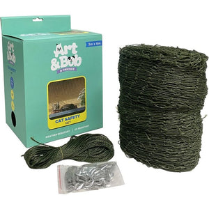 Cat safety net kit with packaging, netting, and hardware on a white background