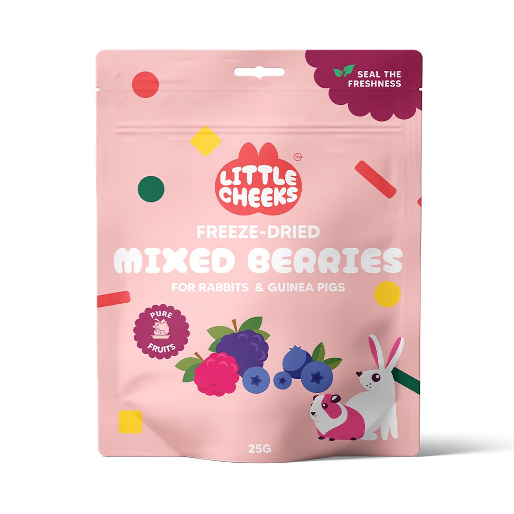 Pink package of Little Cheeks freeze-dried mixed berries for rabbits and guinea pigs on a white background at Petservo