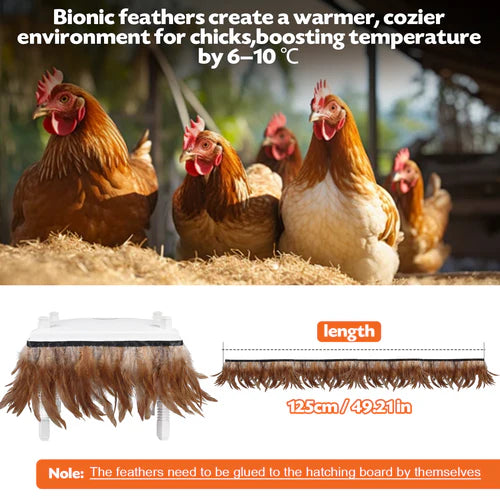 Hens on straw with text about bionic feathers and a product image of feathers at Pet Servo