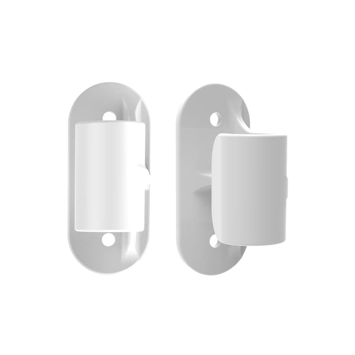 Two white door handles on a white background