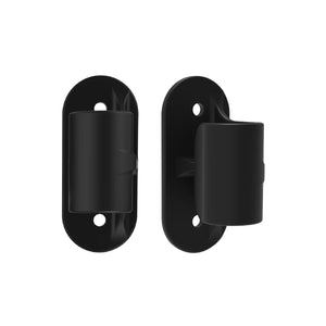 Two black door handles on a white background