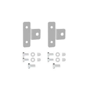 Set of metal brackets and screws on a white background