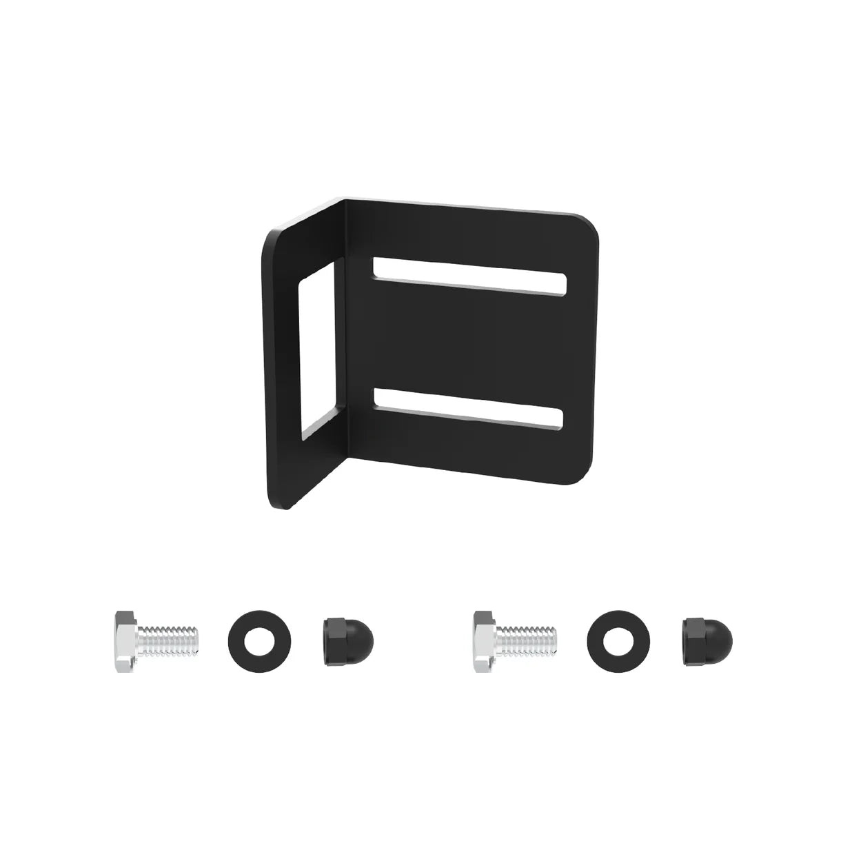 Black metal bracket with screws and washers on a white background