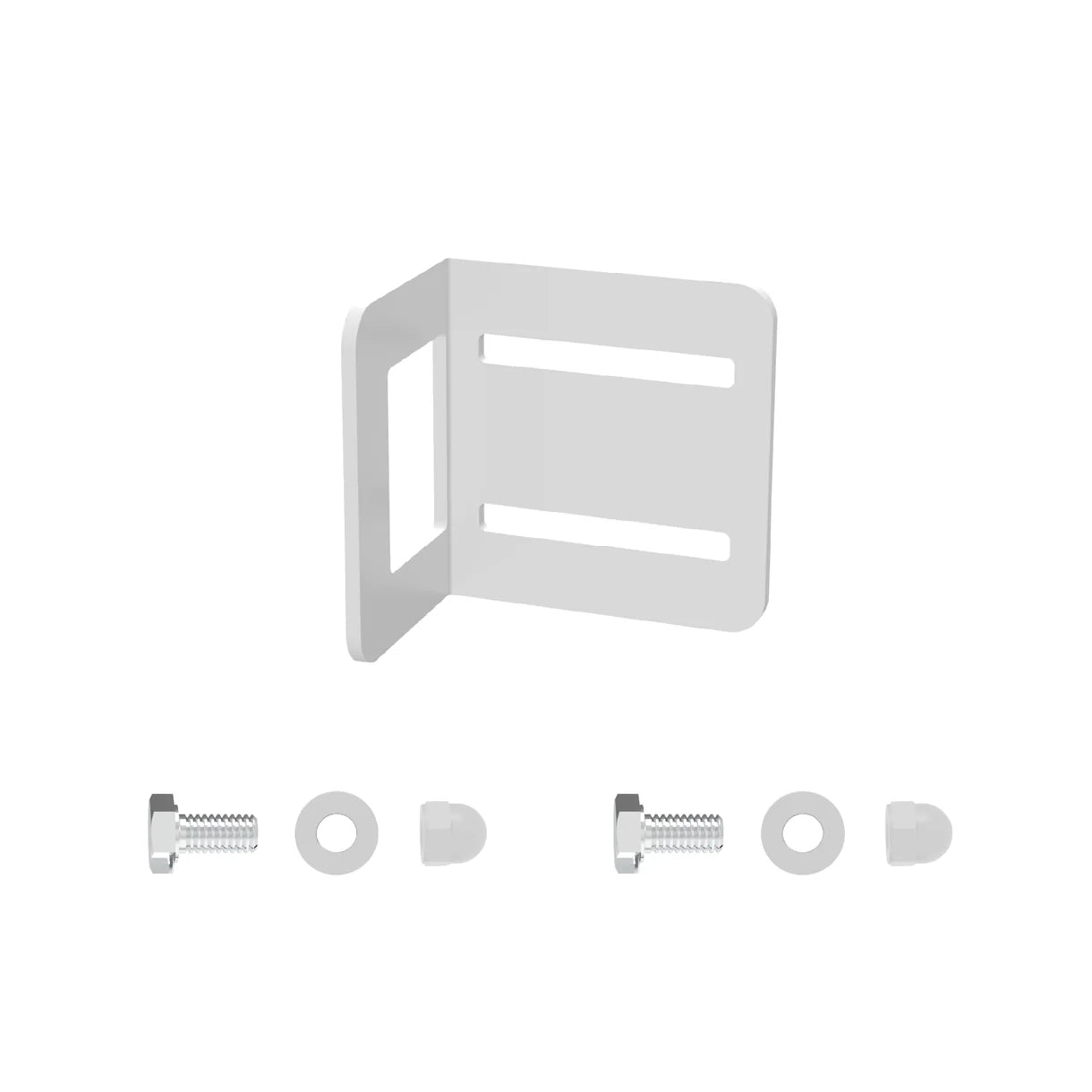 White metal bracket with screws and washers on a white background