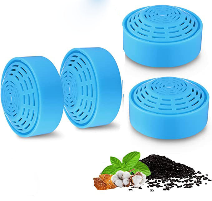 Four blue cylindrical filters on a white background with a small image of plants and soil at Pet Servo
