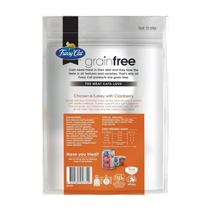 Fussy Cat grain-free cat food package with chicken, turkey, and cranberry ingredients on a white background