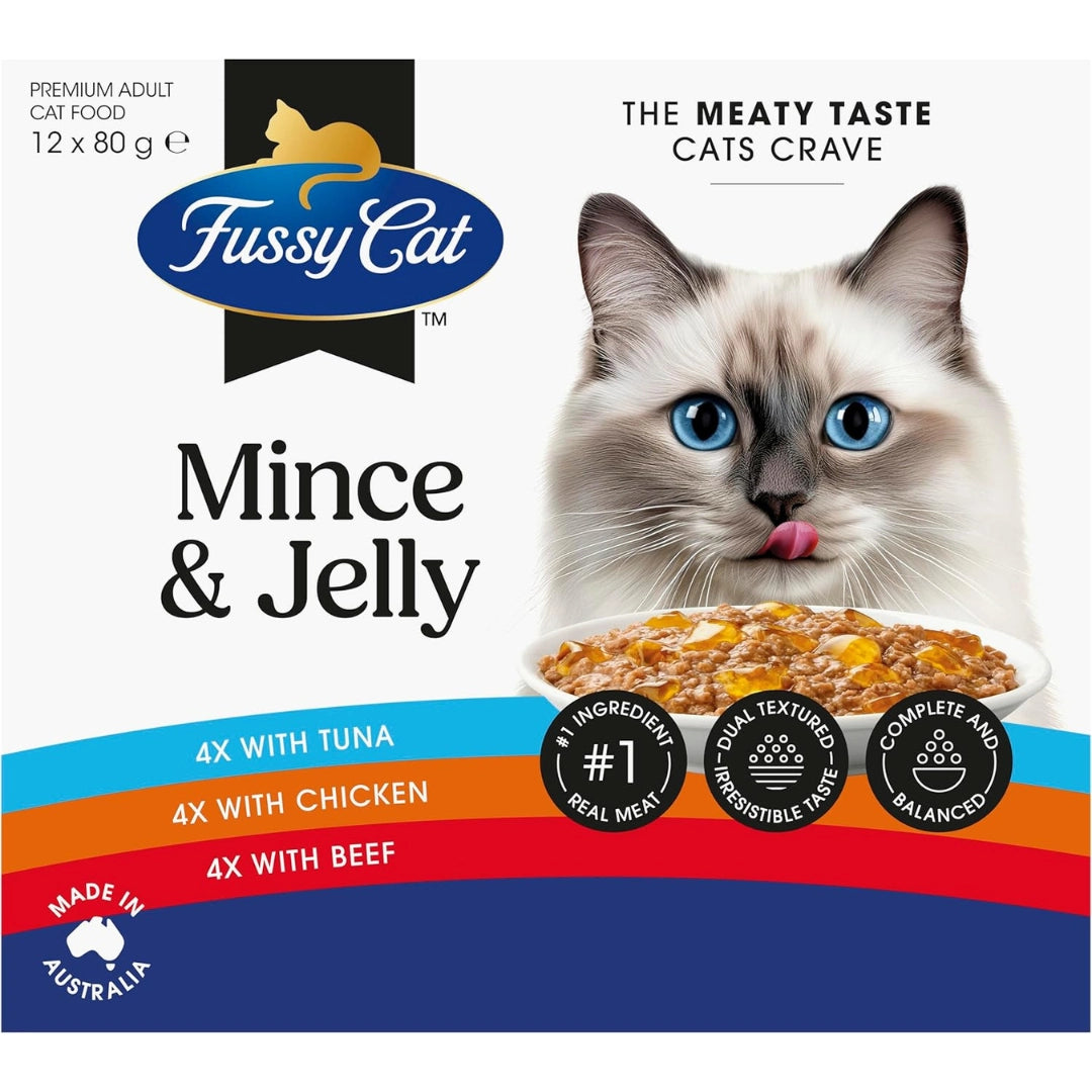 Fussy Cat Mince & Jelly cat food packaging with a cat on the label.