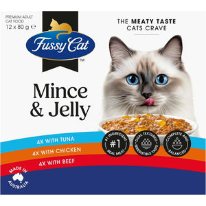 Fussy Cat Mince & Jelly cat food packaging with a cat on the label.