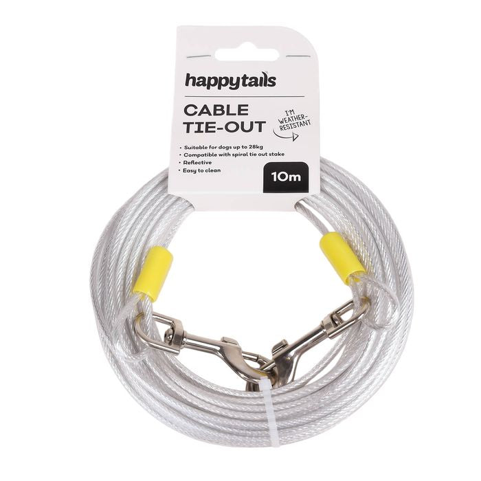 A coiled silver stainless steel cable tie-out for dogs, packaged on a white cardboard header card with the brand name 'happytails' and 'CABLE TIE-OUT 10m' printed on it. The cable has yellow protective sleeves on the ends and silver metal clamps.