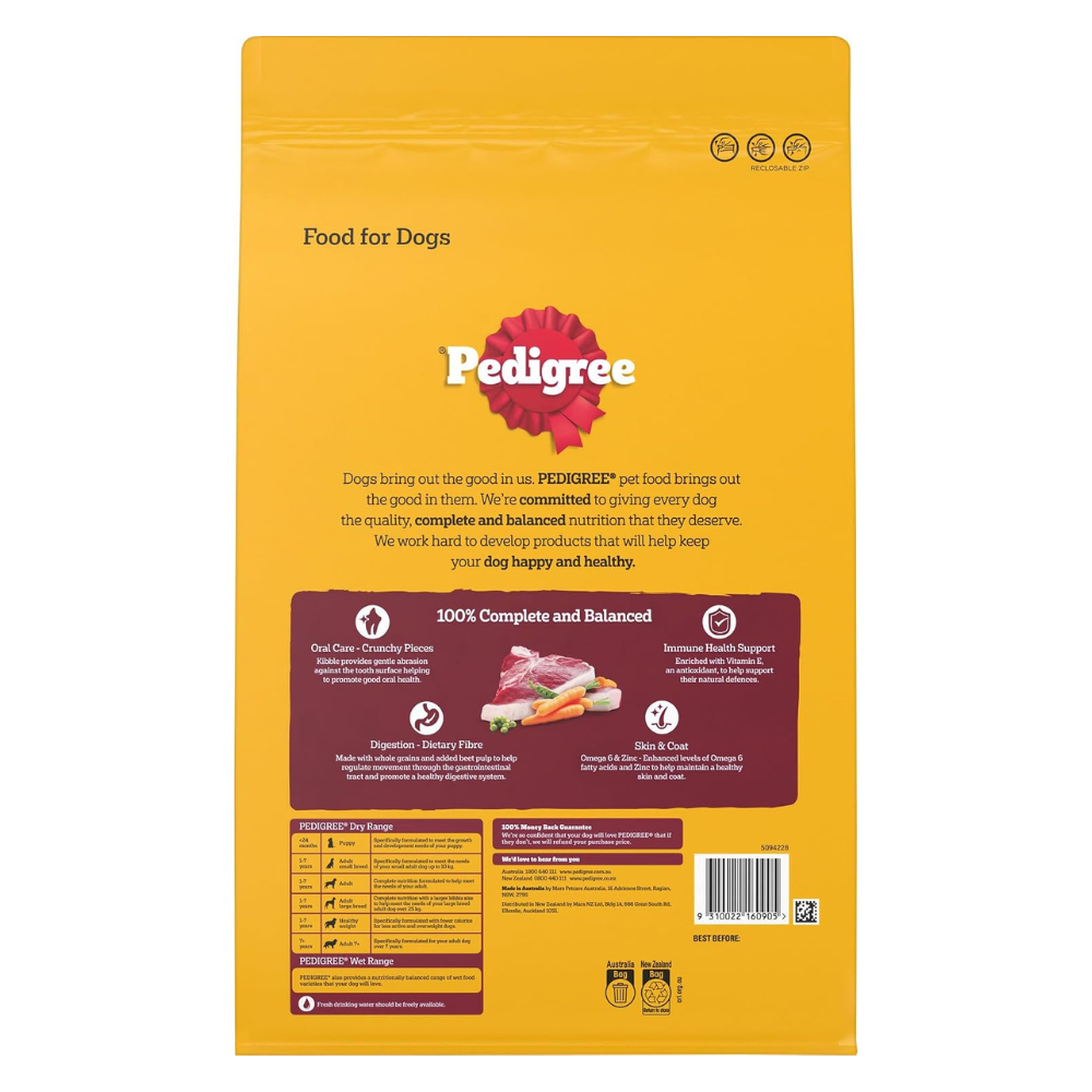 Back view of a Pedigree dog food bag in bright yellow packaging, showing product details, ingredients, nutritional information, and a barcode.