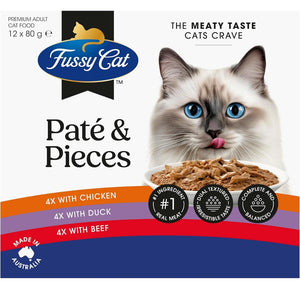 Fussy Cat Páté & Pieces cat food packaging with a cat on a white background