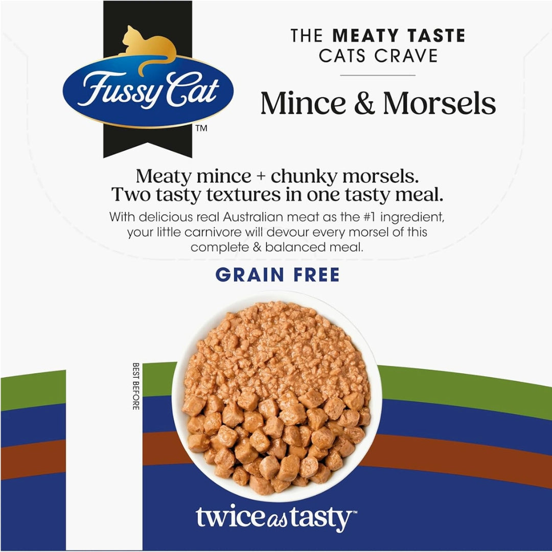 Fussy Cat Mince & Morsels cat food packaging with text and branding.
