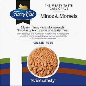 Fussy Cat Mince & Morsels cat food packaging with text and branding.