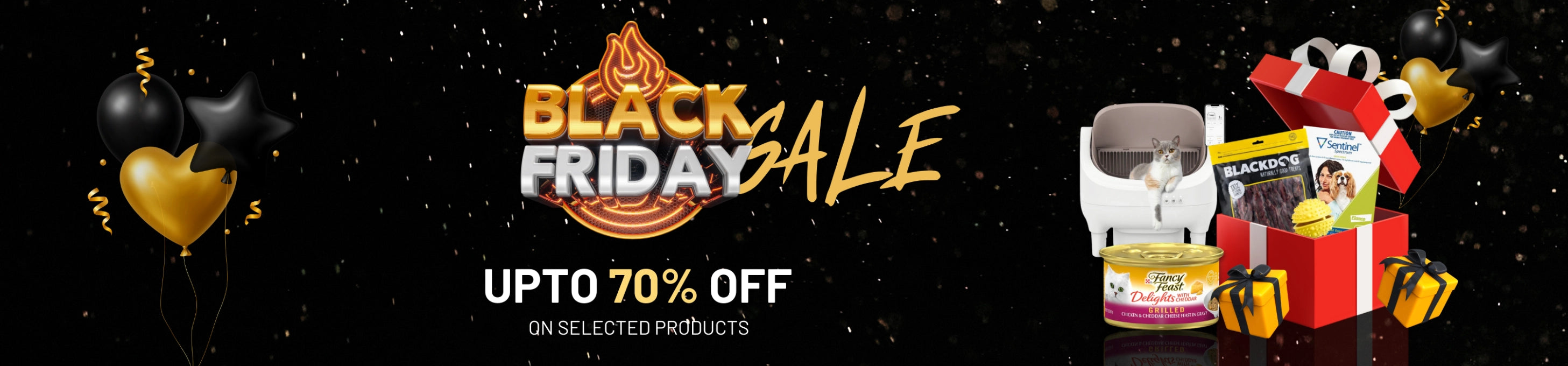 Black Friday sale banner with promotional text and product images on a dark background.