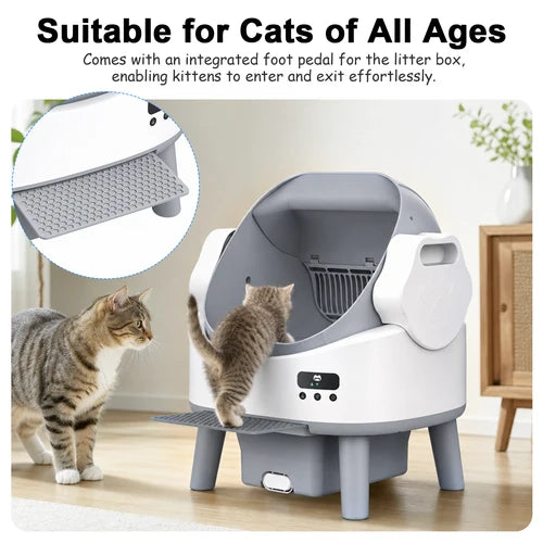 Pet litter box with integrated foot pedal for cats of all ages, shown in a home setting at Pet Servo