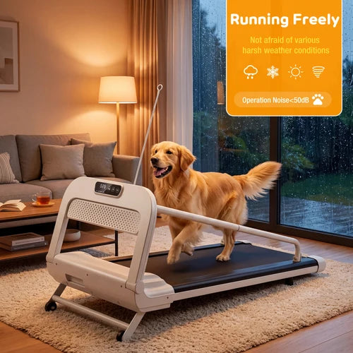 A golden retriever dog is running on a compact home treadmill in a cozy living room. The treadmill has a white frame and a black running belt at Pet Servo
