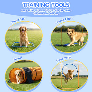 Dog training tools with images of a dog using a pause box, weave poles, tunnel, and hoop jump on a grassy field at Pet Servo