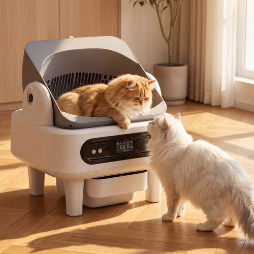 A smart automatic cat litter box with a transparent lid in a warm, sunlit room. An orange tabby cat is lying inside the litter box, while a white cat stands nearby looking at it at Pet Servo
