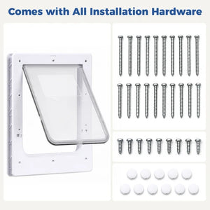 White pet door frame kit with clear hinged panel and included installation hardware: multiple silver screws, white mounting anchors, and a text header reading 'Comes with All Installation Hardware' on a white background at Pet Servo