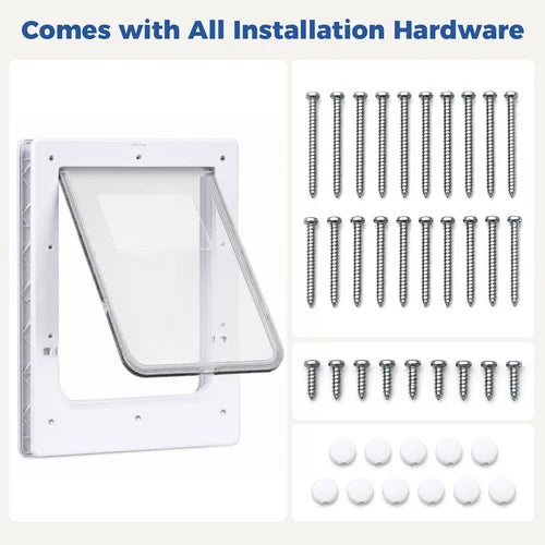 White pet door frame kit with clear hinged panel and included installation hardware: multiple silver screws, white mounting anchors, and a text header reading 'Comes with All Installation Hardware' on a white background at Pet Servo